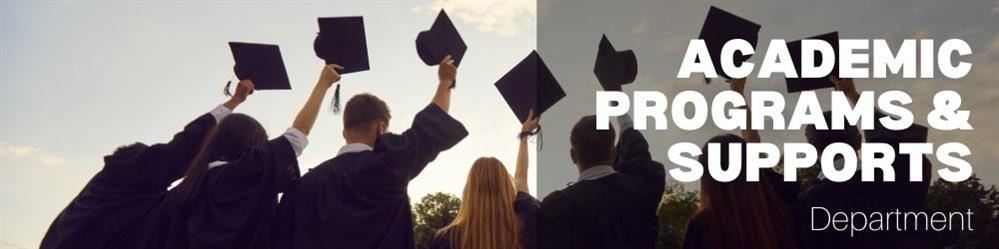 Image of back of people wearing graduation gowns and holding graduation caps in the air in celebration title Academic Program